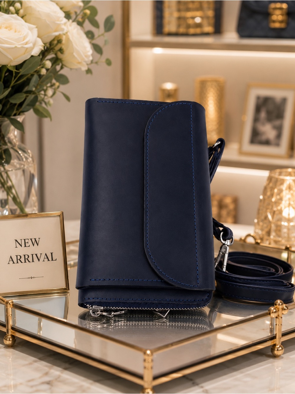 Elegant Dark Navy Vegan Leather Crossbody Organizer Bag – New